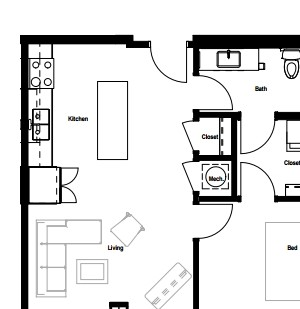 Suite 13 - One Bed Floor Plan Suite 13 - One Bed Floor Plan at Skyline Tower Apartments, Fort Wayne, IN, 46802